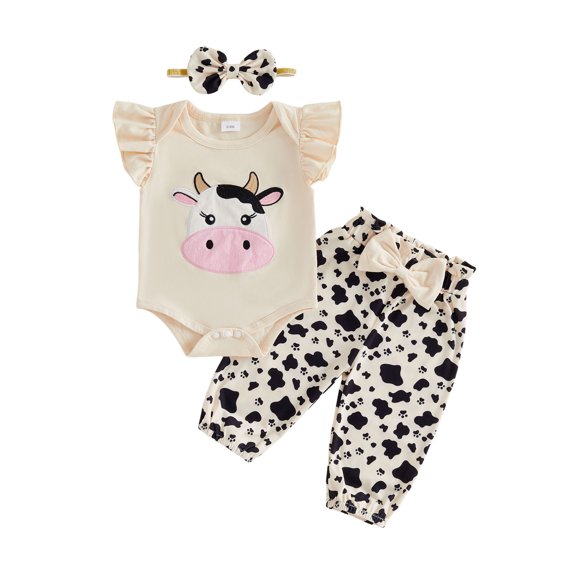Cenuakty Baby Girl Cow Outfit Cartoon Animal Flying Sleeve Romper Bow Pants with Headband 3 Piece Summer Set