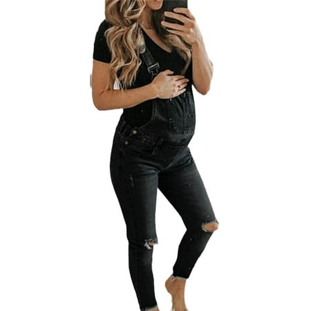 

Dellytop Women Denim Maternity Bib Overall Hole Jeans Jumpsuits With Pocket Plus Size