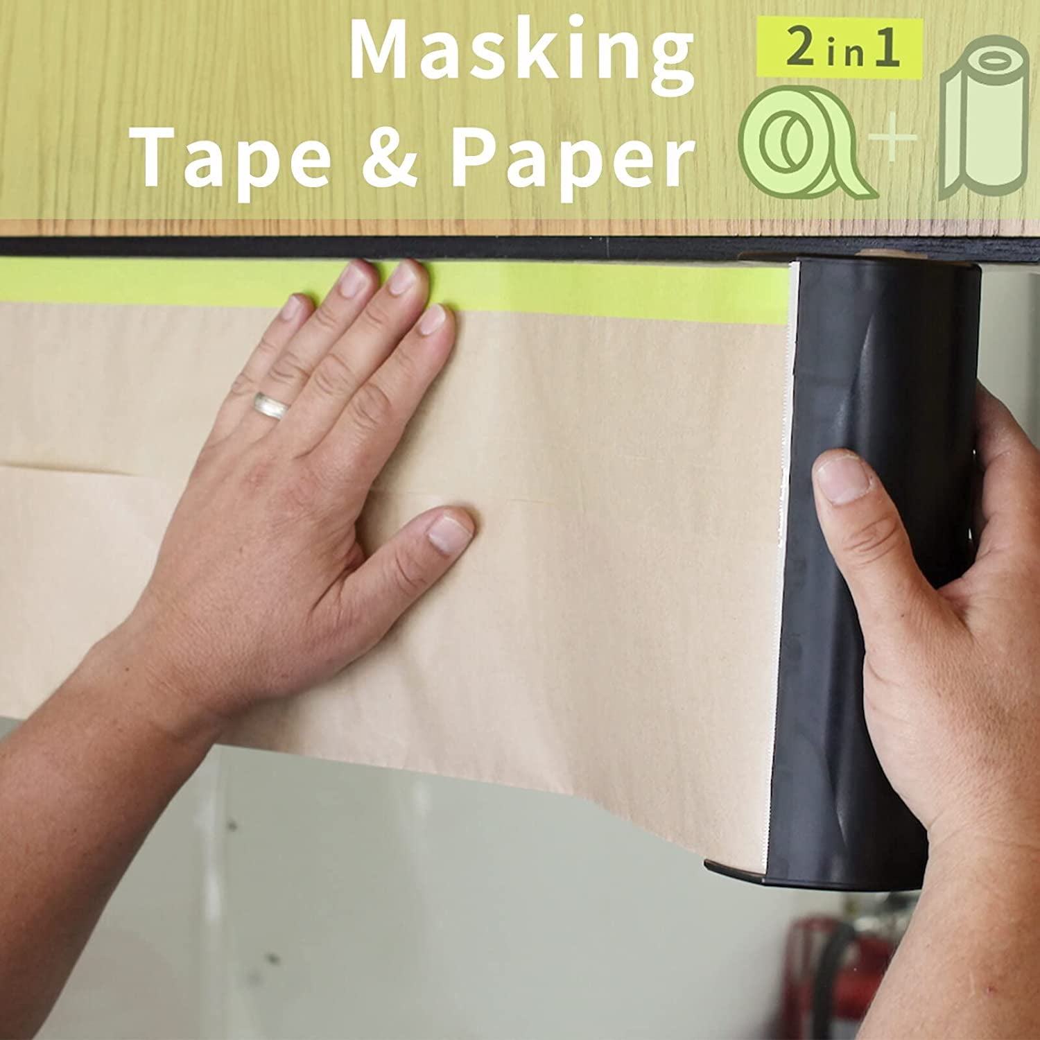 Teddy Run Pre-Taped Masking Paper for Painting - 12 inch x 50 feet Tape and Drape Painters Paper, Paint Adhesive Protective Paper Roll for Covering Skirting, Frames, Cars and Auto Body (2 Rolls)
