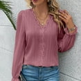 thumbnail image 6 of Women Lace Patchwork Long Sleeve V Neck Shrug Blouses Pleated Ruffled Sleeve Tunic Shirts Casual Tops Red,S, 6 of 6