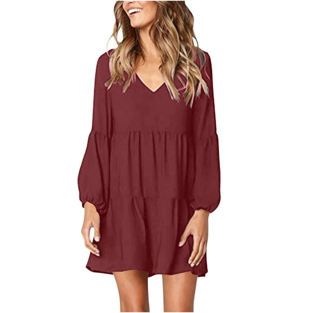 TIMIFIS Robes pour Femmes Robe Tunique Manches Longues Automne Col en V Décontractée Ample Fluide Évasée Robes Chemise Robe à Volants Robe Courte-Rouge-TG - Automne