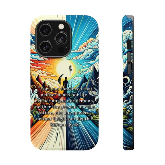 DistinctInk Tough Case for Apple iPhone 15 PRO (6.1" Screen), Compatible with MagSafe Charging - Convinced: Defying Death and Embracing the Divine - Romans 8:38