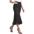 thumbnail image 4 of Falda midi casual de mujer de mezclilla con cola de pez, cintura alta, dobladillo sin terminar y bolsillos en negro, 4 of 6