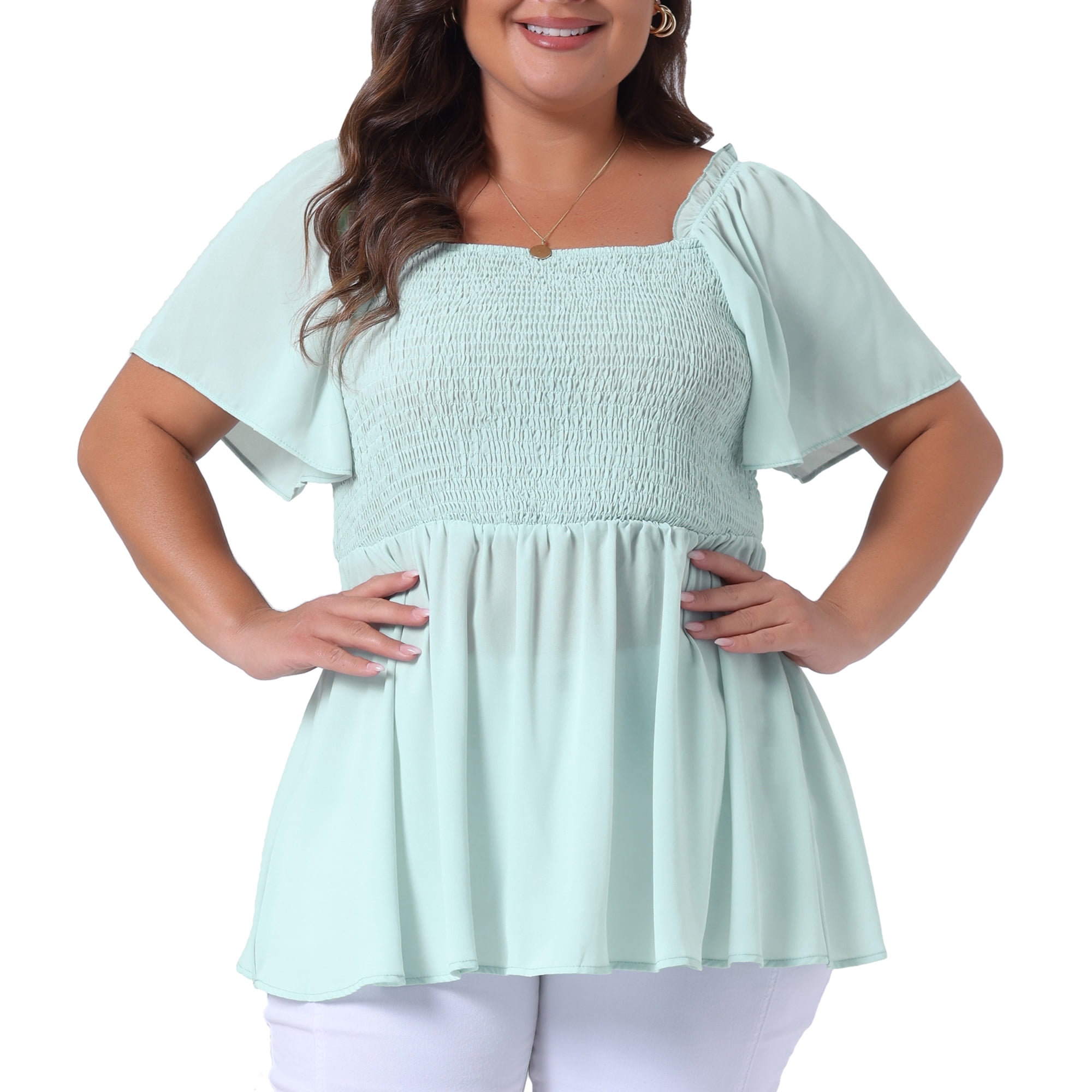 DARING DIVA Women's Plus Square Neck Ruffle Hem Blouse 4X Light Green