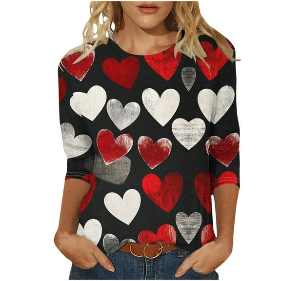 mihongmao Valentine Shirts for Women Plus Size Women's Fashion Printed T-shirt 3/4 Sleeves Blouse Round Neck Casual Black 4X