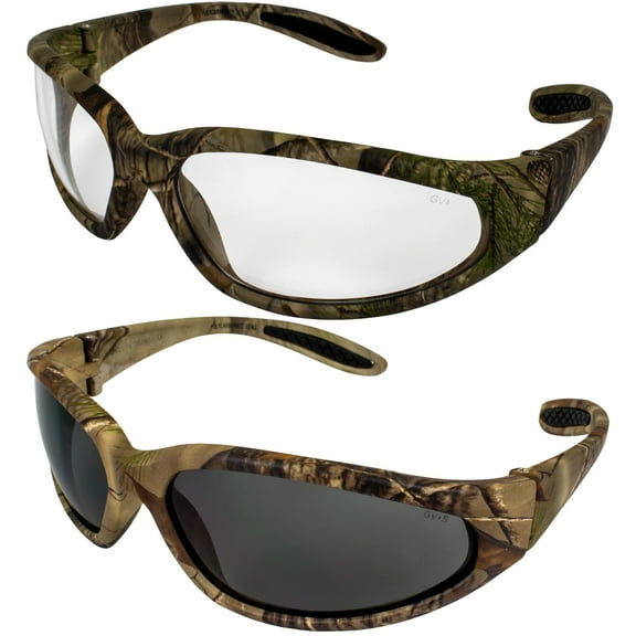 2 Pairs of Global Vision Forest 1 Camo Motorcycle & Hunting Safety Glasses ANSI Z87.1 Scratch-Resistant Clear & Smoke Lenses