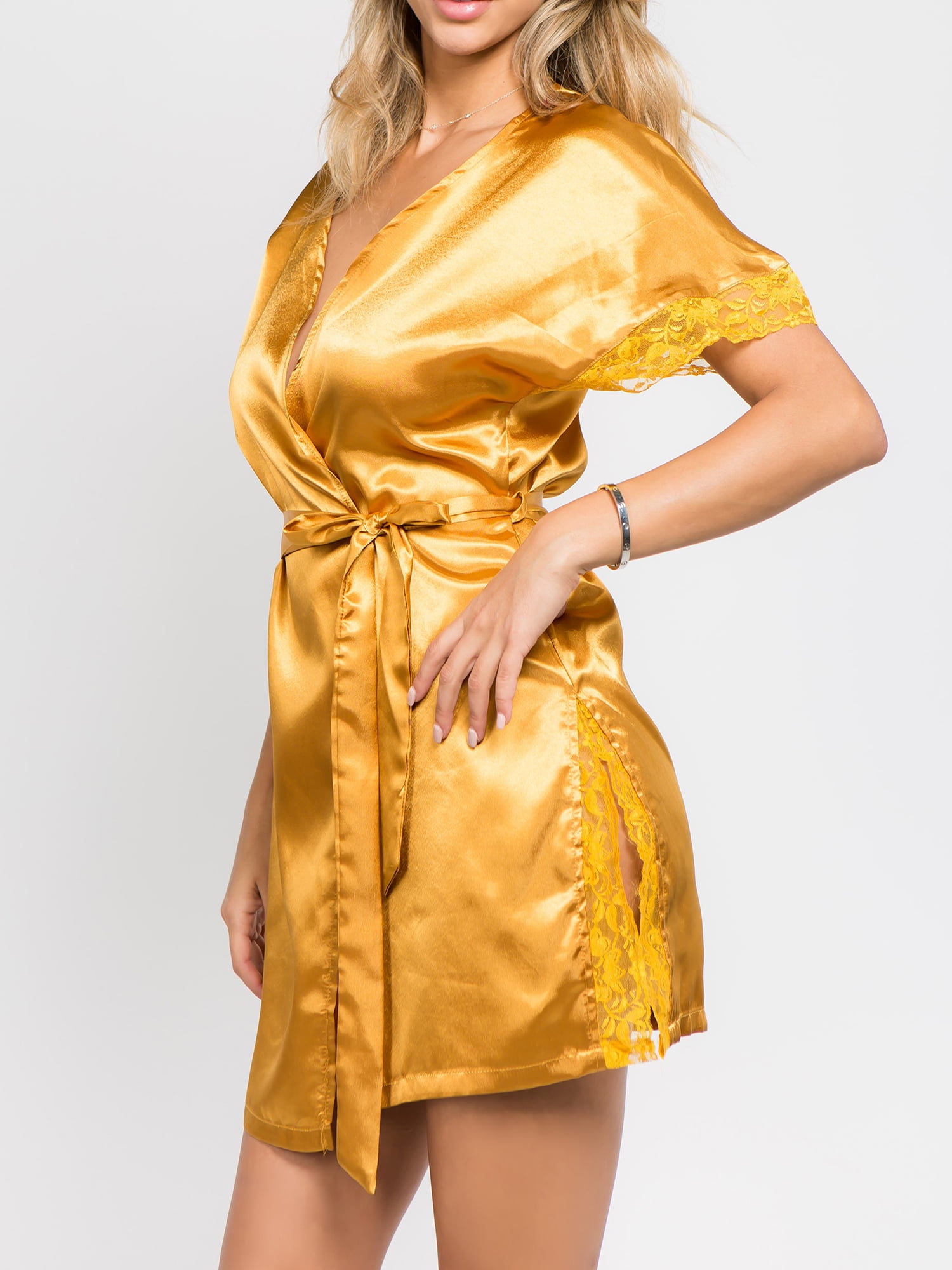 Just Sexy Lingerie Women s Short Sleeve Satin Robe Mustard