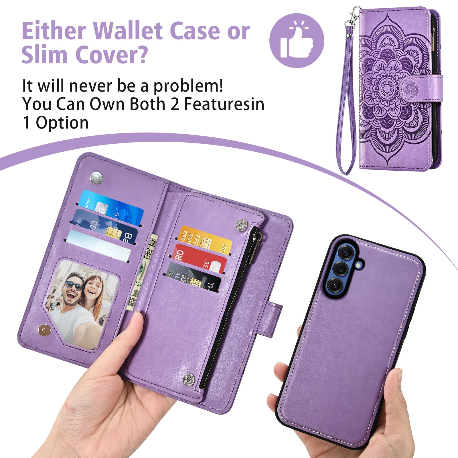 Asuwish Phone Case for Samsung Galaxy S25 5G Zipper Wallet Magnetic Detachable Cell Cover with Tempered Glass Screen Protector Crossbody Strap Flower Card Holder Slot S 25 25S G5 Women Girls Purple