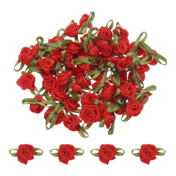 50 Pcs Mini Roses Bow 22mm Small Fabric Satin Ribbon Flower Bows Ribbon Roses for Craft Ornament Applique DIY Envelope Sewing Wedding Birthday Party, Red