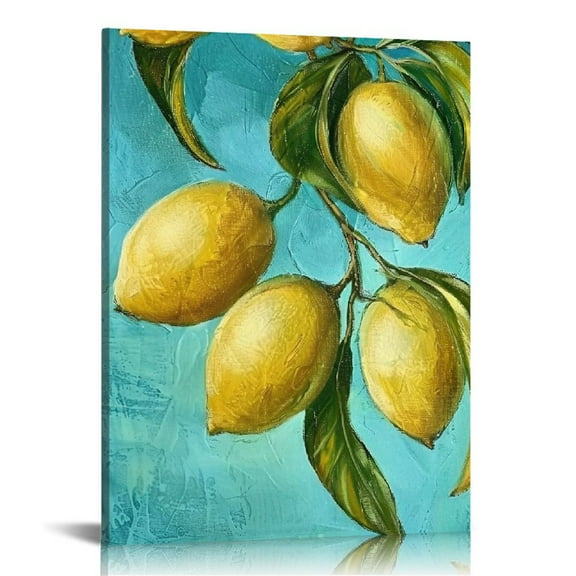 Creowell Fruit Kitchen Wall Decor Lemon Orange Canvas Art Painting for Dining Room Restaurant Decoration Teal and Yellow Pictures Prints Framed 12x16 in