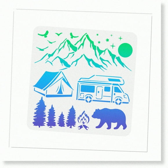 Eco-Friendly Reusable Camp Sun Tent with Mountains, Bear, Pine Tree Drawings and Birds Car Pattern - Ideal for Painting on Wood, Floor, Wall, and Tile - 11.8x11.8inch Plastic