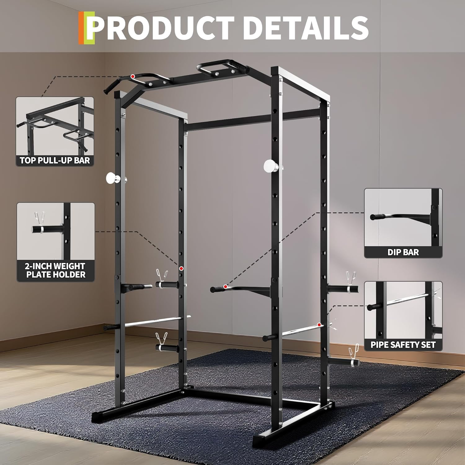 Heavy Duty Power Cage Squat Rack for Home,1100 LB Capacity Power Rack with Pull-Up Bar, Dip Bars, j-Hooks Adjustable Safety Bars Spotters Squat,Black
