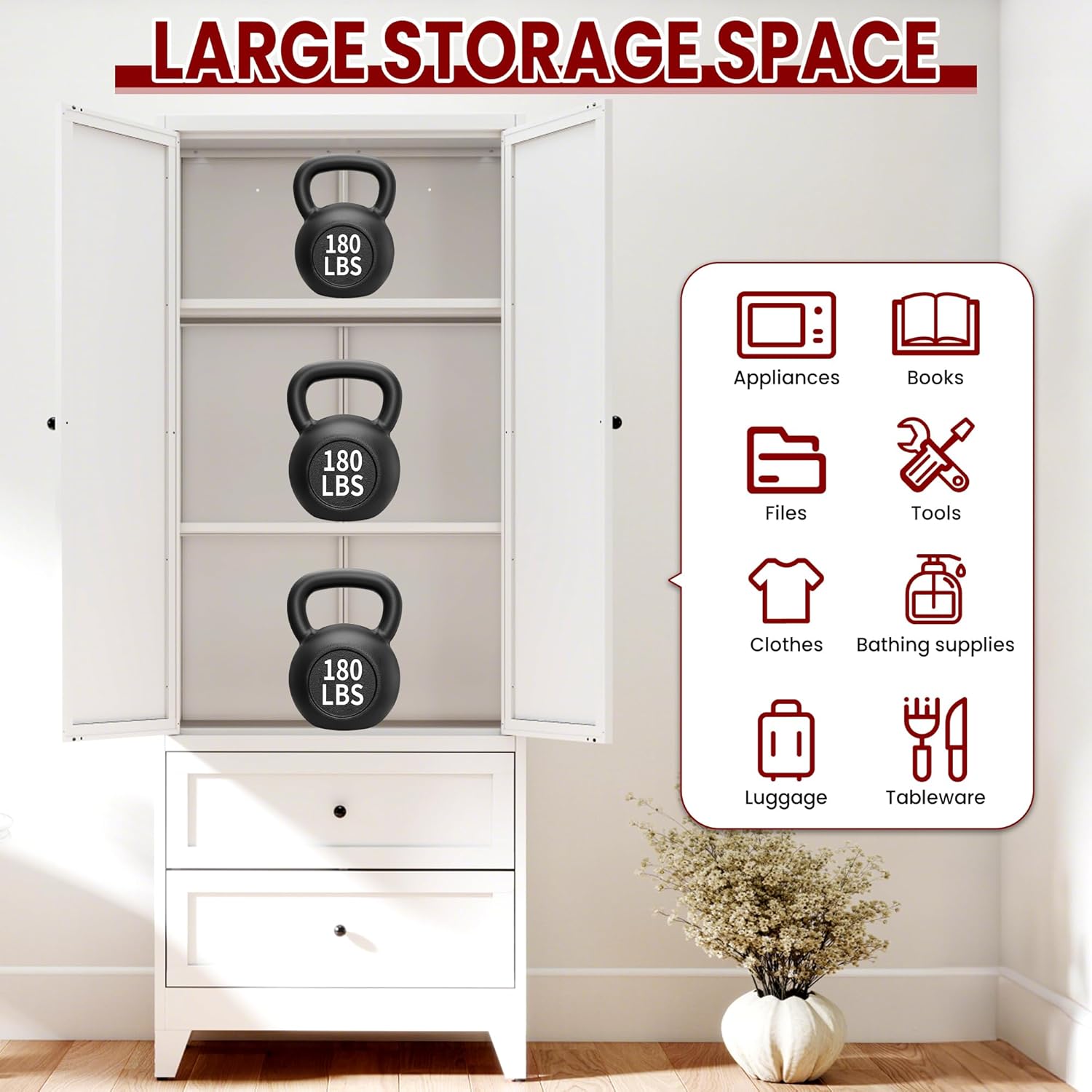 IKIMI 72" White Metal Pantry Cabinet with 2 Drawers and Adjustable Shelves, Tall Kitchen Storage Cabinet, Freestanding Cupboard for Dining Room, Bathroom, Laundry Room