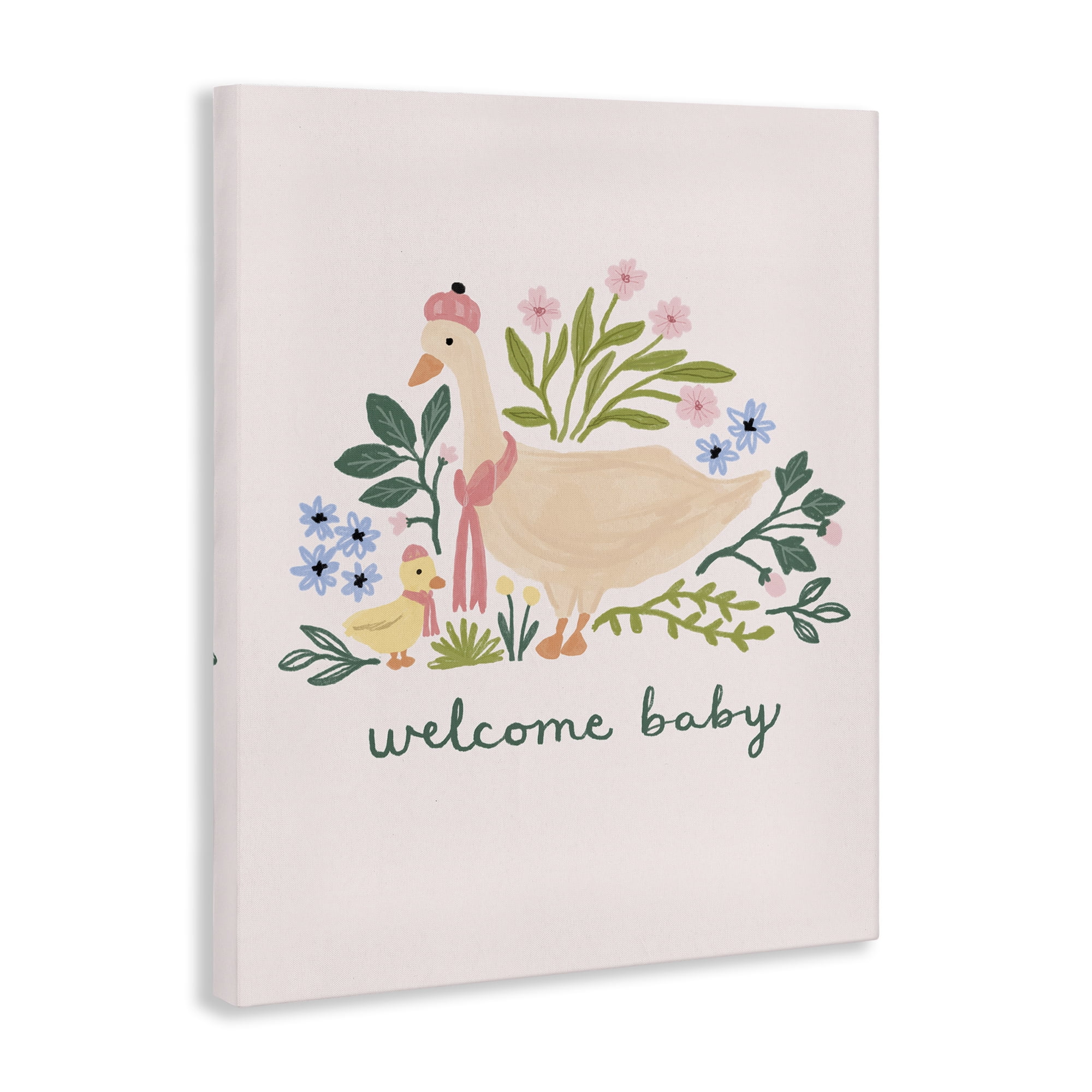 Stupell Industries Welcome Baby Floral Duck Animals Painting Wrapped Canvas Art Print Wall Art, 36 x 48
