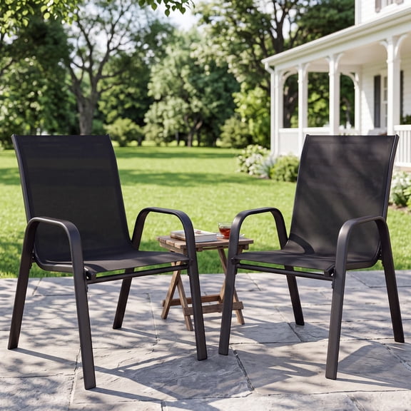 Melocadol Set of 2 Stackable Patio Dining Chairs, Breathable Textilene Metal Outdoor Armchairs for Garden Lawn Deck, Black