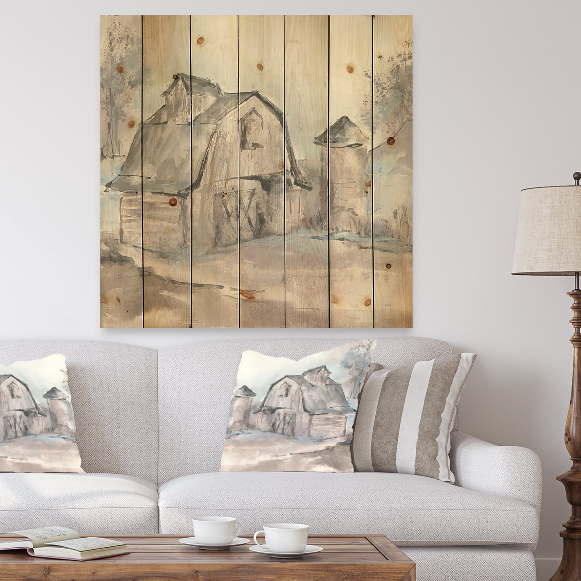 Designart 'Farmhouse Barn Grey V' Modern Farmhouse Print on Natural Pine Wood