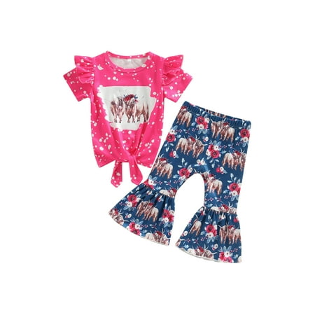 

wybzd Western Baby Girl Clothes Bell Bottom Outfit Cow Print Short Sleeve T-Shirt Top Flare Pants Set Cowgirl Outfits 6-12 Months
