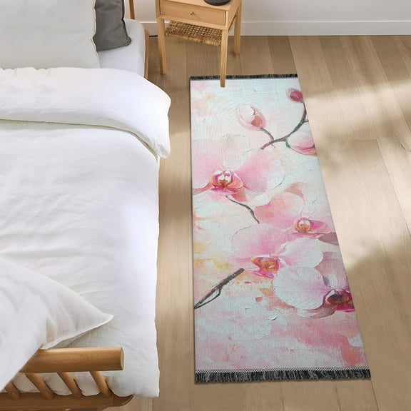 Delicate Pink Flowers Bedroom Runner Rug 2'x 6' Non Slip Carpet Indoor Home Area Rug Living Room
