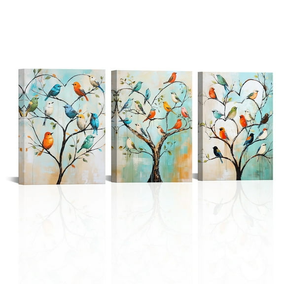 Furnster Abstract Love Tree Canvas Prints Heart Shaped Branches with Birds Framed Wall Art Decor Picture for Living Room Bedroom 12"x16"x3pcs