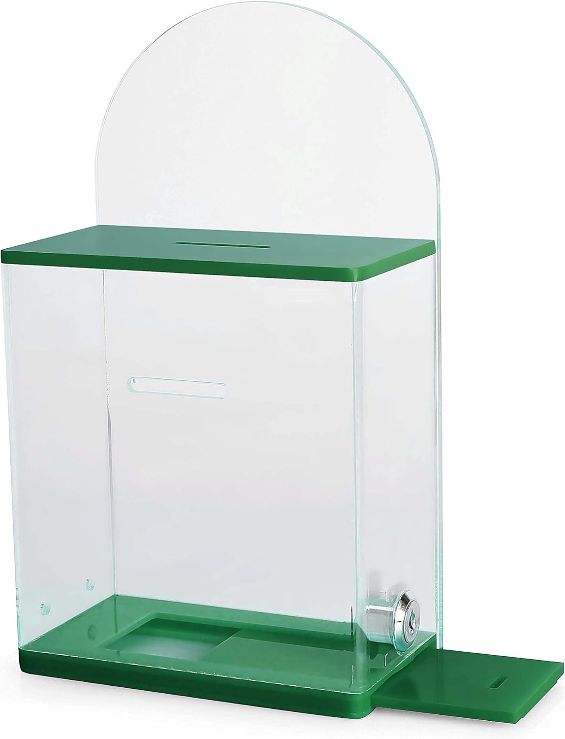 Acrylic Donation Suggestion collection Box Pre Drilled Holes For Wall mounted Or Retail Countertop Tip Box with round back wall display area 10 x 6 inches, Lock With set of keys Green
