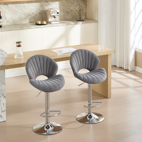 Youmumeub Bar Stools Set of 2, Modern Grey Upholstered Swivel Bar Chairs for Kitchen Island, Adjustable Height Counter Stools with Chrome Pedestal Base & Footrest, Grid Tufted Pub Seating