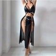 thumbnail image 2 of Sexy lingerie for Women,Mesh Sheer Long Dress and Thong 2Piece Set PU Leather Halter Bra Sheer Nightwear for Roleplay, 2 of 6