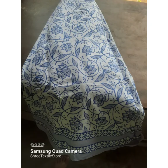 Art Deco Traditional White On Blue,Grey Colour Floral Design Cotton Round table cloth 90"x90"In