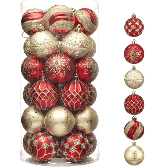 Valery Madelyn 30ct 2.36 inches Luxury Red Gold Christmas Ornaments Shatterproof Christmas Ball Ornaments Hanging Bauble for Christmas Party decoration
