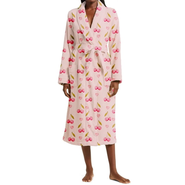 WZXFASHION Robe de Chambre Douce pour Femmes à Imprimé Floral et Fruits, Peignoir Chaud Long Kimono en Serviette avec Poche WomenRobes Rouge m