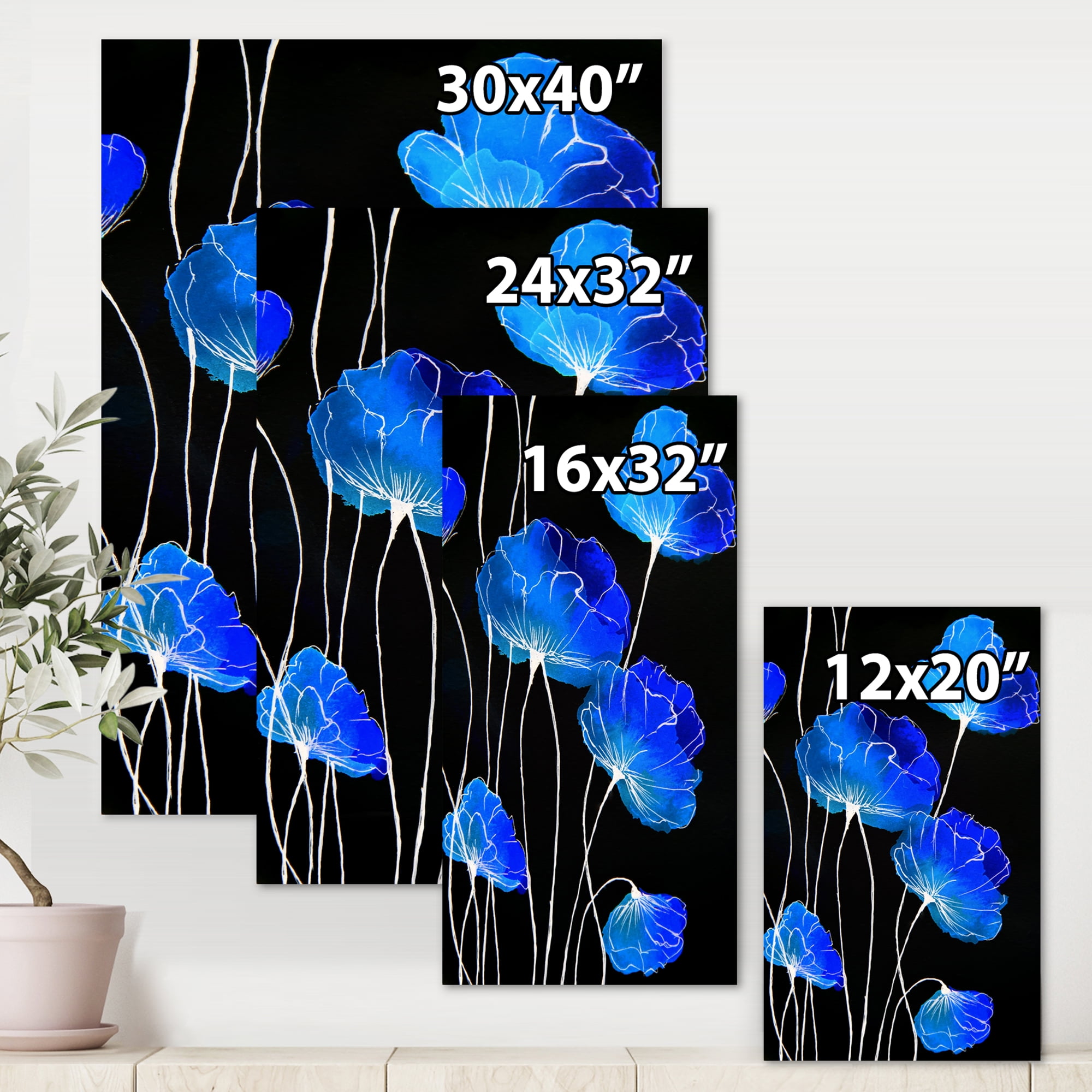 Designart ' Detail of Blue Flowers On Black Background II ' Traditional Canvas Wall Art Print