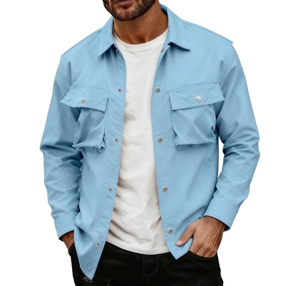 Ahabrexf Mens Long Sleeve Jacket Casual for Men Polyester Lapel Multi-Pocket Workwear Blouse Solid Color