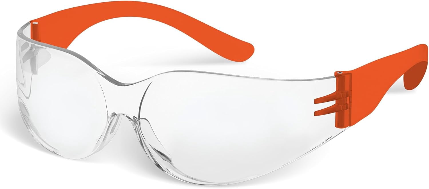 Rugged Blue Diablo Safety Glasses - Orange Frame -12 Pack | Clear Lens Protective Eyewear | Lightweight Frameless Design | Scratch-Resistant Lens for Work Construction Lab and Industrial Use