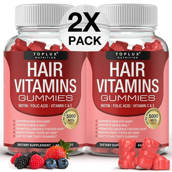 Toplux Hair Vitamin Gummies 5000mcg Biotin Supplement for Healthy Hair Growth Support Skin & Nails, Berry Flavor 60 Count 2 Pack