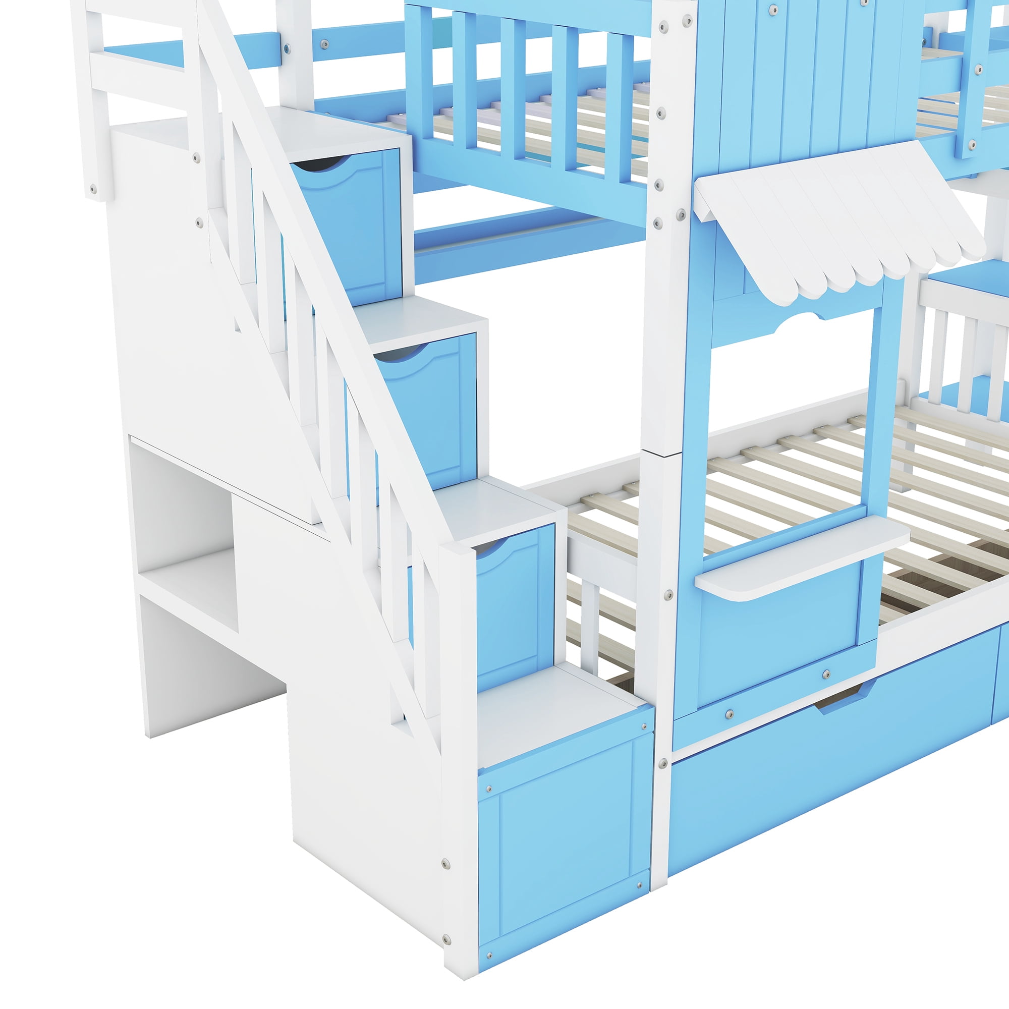 Twin over Twin Castle Style Bunk Bed with Slide and 2 Drawers, Solid Wood Princess Bed House Bunk Bed with Storage Shelves, Storage Staircase and Ladder