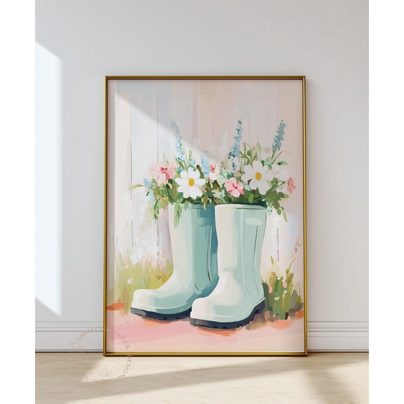 Rain Boots With Flowers Print, Pastel Wildflower Wall Art Home Decor #2563, Unframed Poster Size 8x12
