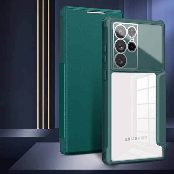 Nalacover Wallet Case for Samsung Galaxy S21 Ultra, Clear Rugged PC Soft Silicone Shockproof Anti-Drop Premium PU Leather Flip Cover with Card Slot Holder Magnetic Kickstand Lens Protective ,Darkgreen