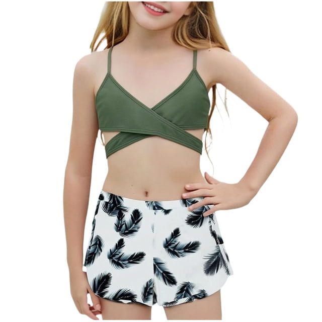 RXMEKW Bikini Swimsuit for Girls 2-Piece Set with Ruffle Top and High-Waisted Bottoms for Princess Hot Spring Pool Beach Vacation