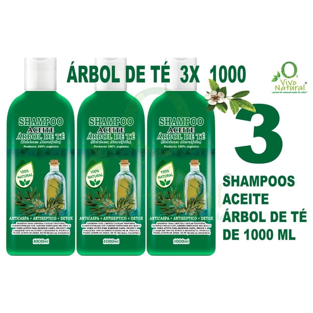 árbol de té 3x 1000 vivonatural. 3 shampoos árbol de té 1000 ml Paquete de tres botellas frontales verdes de 1,000 ml cada una con etiqueta 'Shampoo Aceite Árbol de Té' de la marca VIVONATURAL, sello '100% natural' e ilustración de aceite y hojas, envase plástico con tapa a presión y texto de etiqueta que menciona 'anticaspa' y 'detox', presentado sobre fondo claro. Apto para uso diario en la rutina de cuidado capilar.