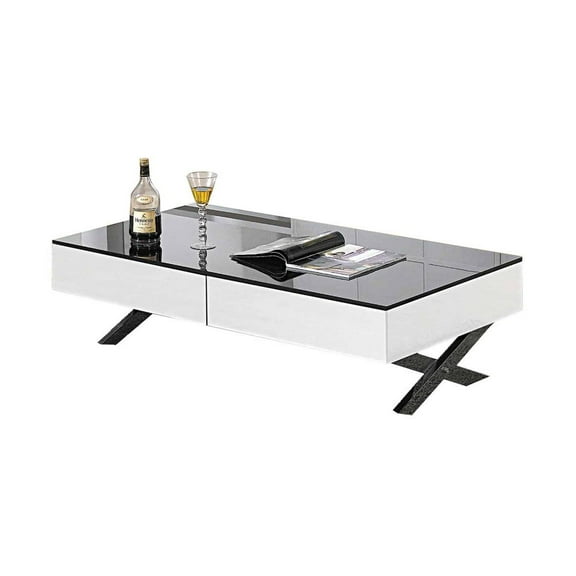 Coffee Table with Black glass top and White Mirror drawers