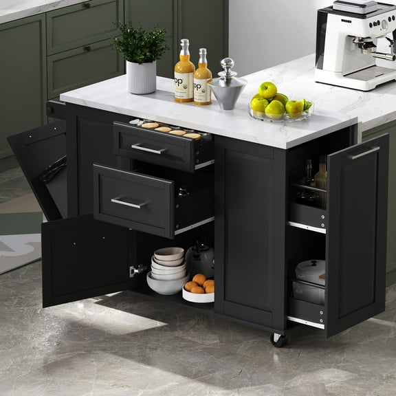 50.7" Black Kitchen Island with Trash Can Cabinet, Pull Out Organizer, Drop Leaf, 2 Drawers & 1 Door, Rolling Cart​