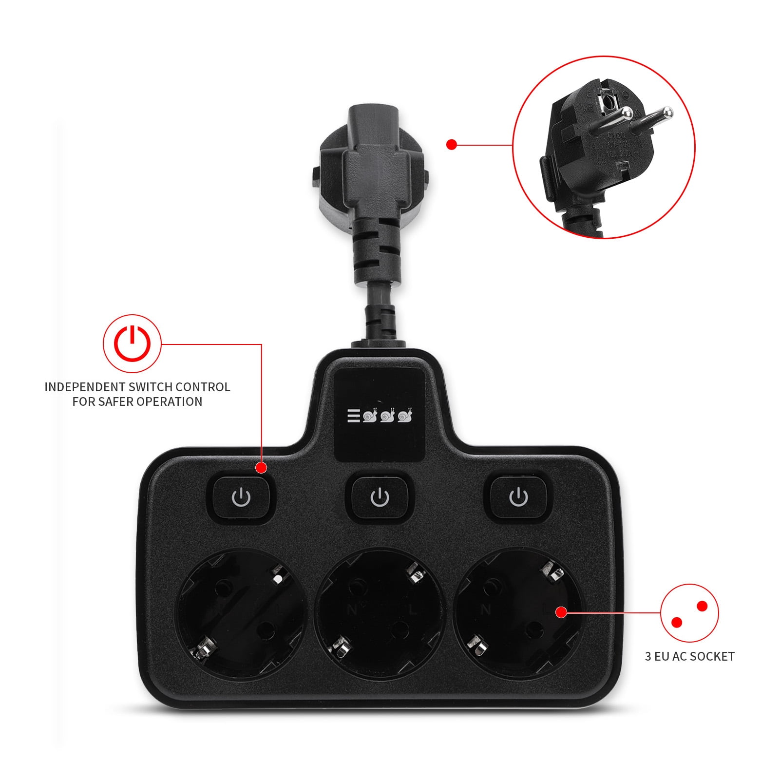 Suodoka 3-Way Power Socket Extender with Independent Switches, Multi-Outlet Adapter with 2 Prong EU Plug, 220V Grounding Electrical Outlet Receptacle for Home and Office, Black