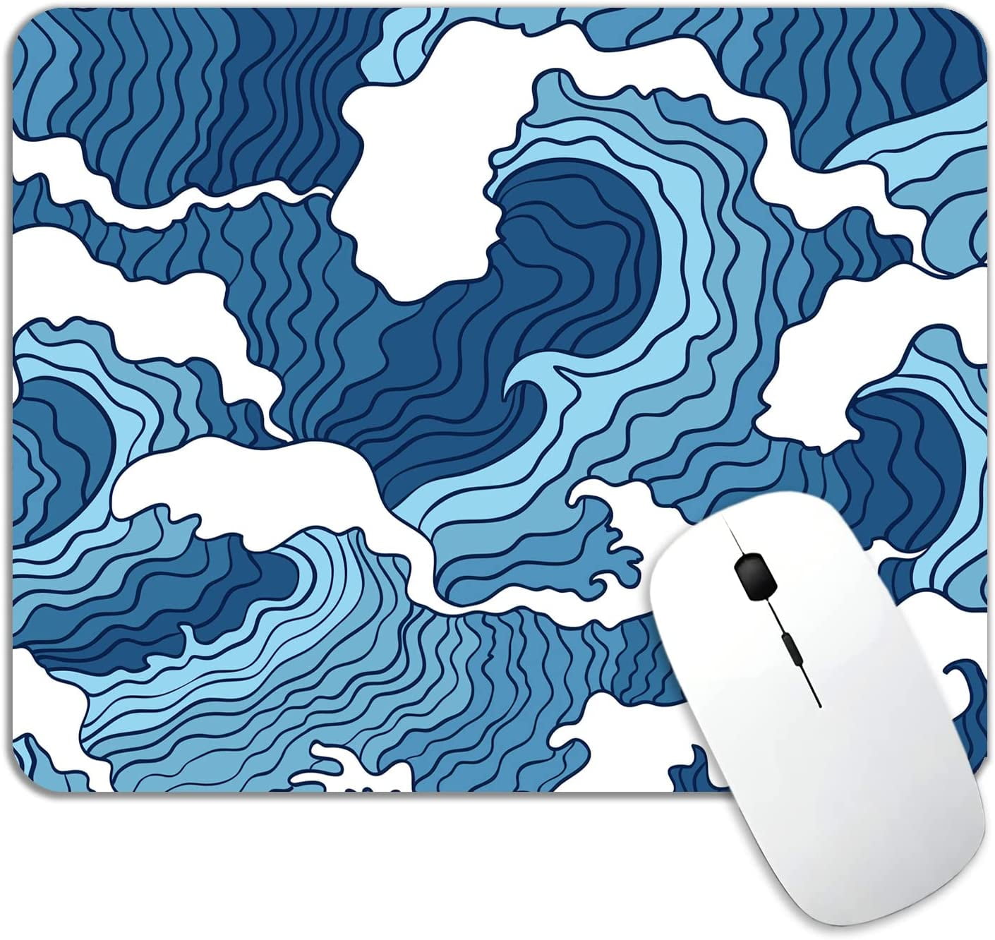 Rectangle Mouse Pad, Japanese Abstract Blue White Waves Mouse Pad, Non Slip Rubber Mousepad for