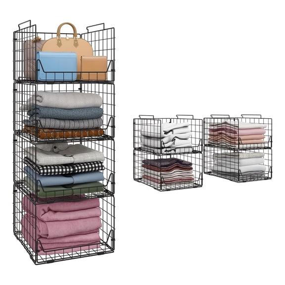 4-Piece Stackable Closet Organizers - Metal Clothes Storage Containers for Pants and Sweaters - Black Foldable Drawers