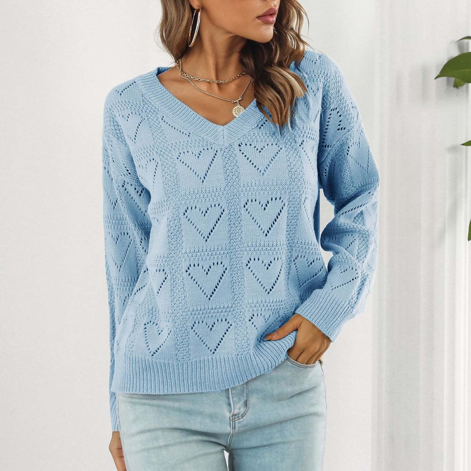 Womens Sweaters Clearance Women s V Neck Love Hollow Out Recreational Pullover Knitting Sweater Long Sleeve Tops Light Blue S JE Walmart
