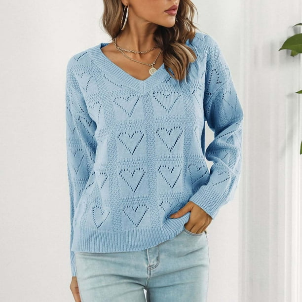 Womens Sweaters Clearance Women's V- Neck Love Hollow Out Recreational  Pullover Knitting Sweater Long Sleeve Tops Light Blue S JE
