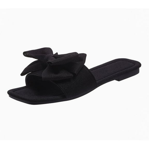 Black Females Beach Comfy Spring Summer Bow Solid Tone Square Head Open Toe Flat Slippers For Everyday Use