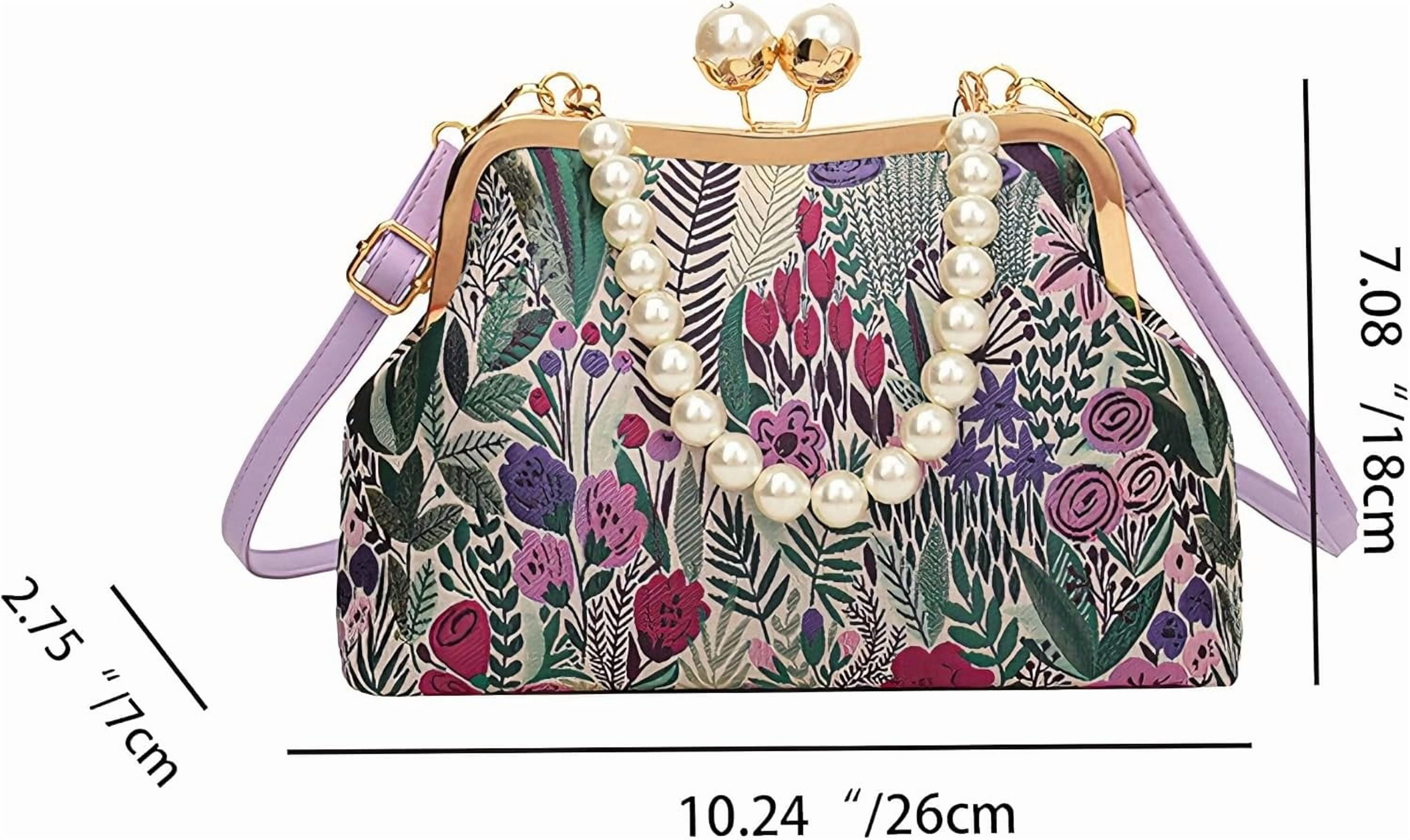 Women Vintage Floral Embroidered Top Handle Handbag Kiss Lock Elegant Clutch Purse Small Pearl Crossbody Bag