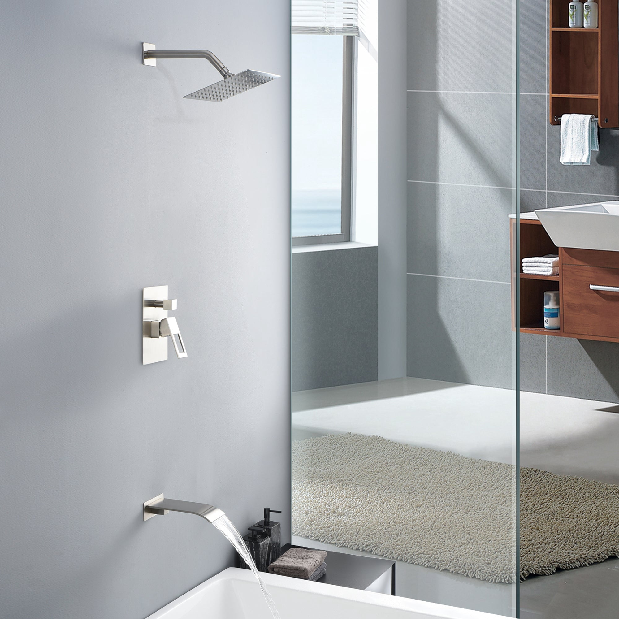 sumerain Tub and Shower Faucet Set with Anti-scalding Pressure Balance Valve, 8 Inch Shower Head and Waterfall Tub Spout, Brushed Nickel