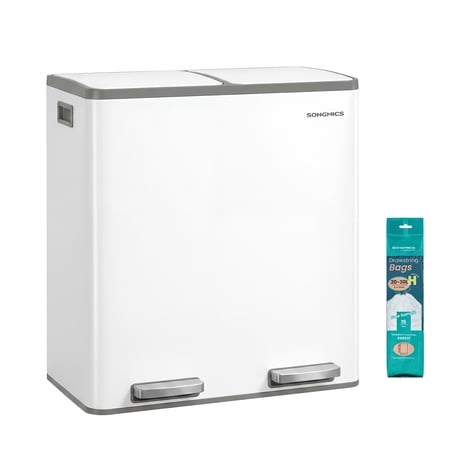 SONGMICS Trash Can, 2 x 8 Gallon (2 x 30 L) Double Compartment Garbage Can for Recycling, Stainless Steel, with 15 Liner Bags, Pedals, White
