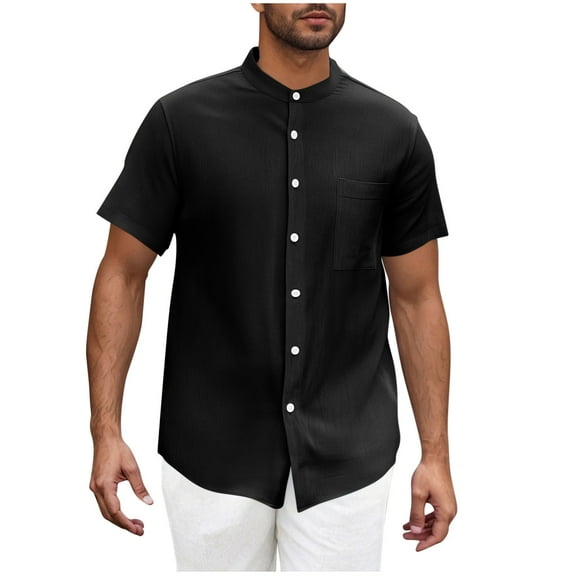 Mens Banded Collar Dress Shirts Casual Short Sleeve Button Down Collar Shirt Solid Casual Summer Beach Vacation Tops